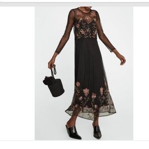 Zara Black lace sheer embroidered dress maxi S